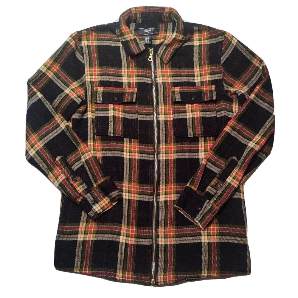 FOREVER 21 Men Size XS Black Orange‎ Plaid Full Zip Flannel Shacket